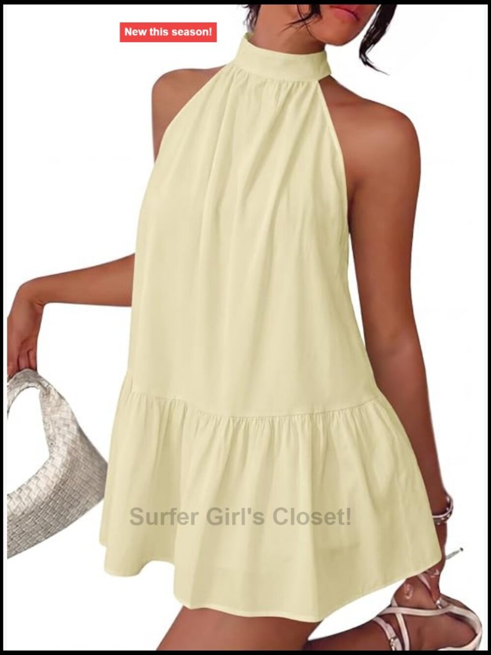 100% Polyester Halter Neck Sleeveless A-Line Babydoll Mini Dress Summer